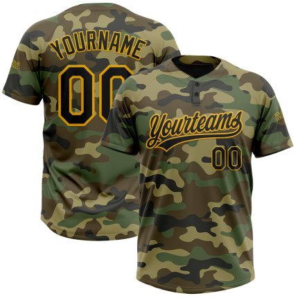 Custom Camo Black-Gold Salute to Service Softball Jersey with Personalized Name and Number - Unisex Two-Button Design Personalized
