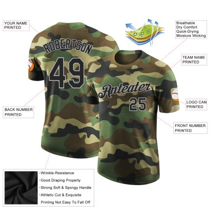 Custom Name Number Personalized Salute to Service T-Shirt in Camo Black-Gray Performance Design Personalized Camo Black-Gray