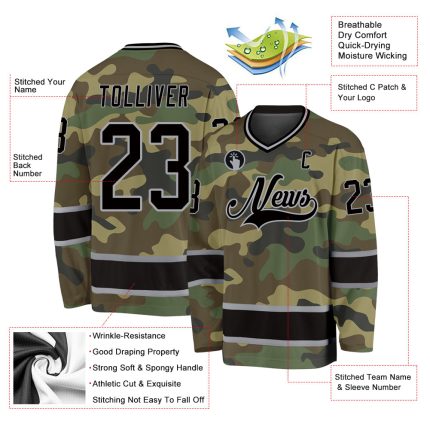 Personalized Camo Hockey Jersey Black-Gray Salute to Service Design Personalized Camo Black-Gray Salute To Service Hockey
