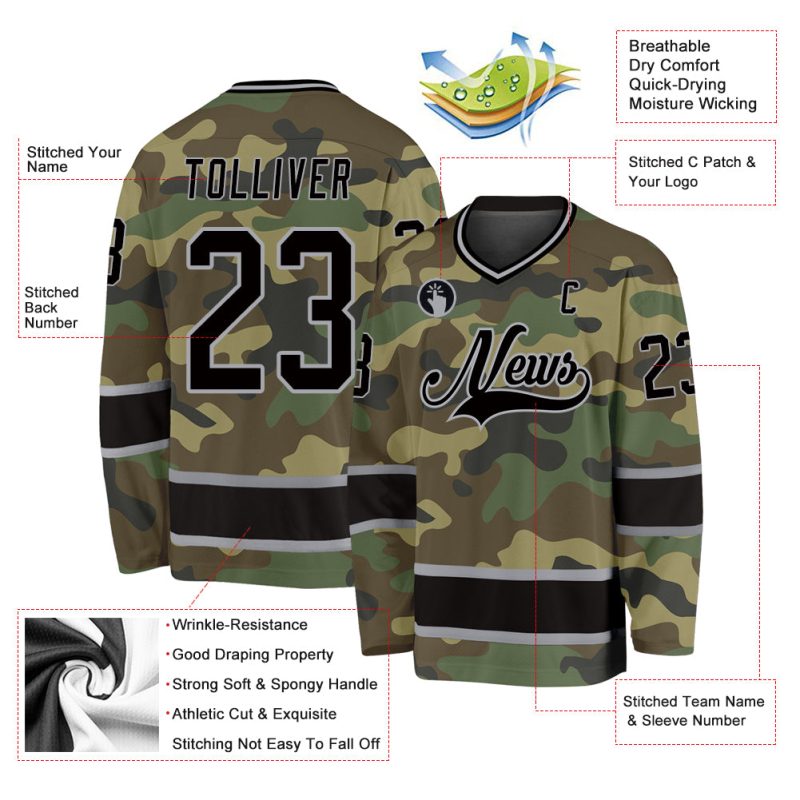 Custom Name and Number Personalized Camo Black-Gray Salute to Service Hockey Jersey Personalized Camo Black-Gray Salute To