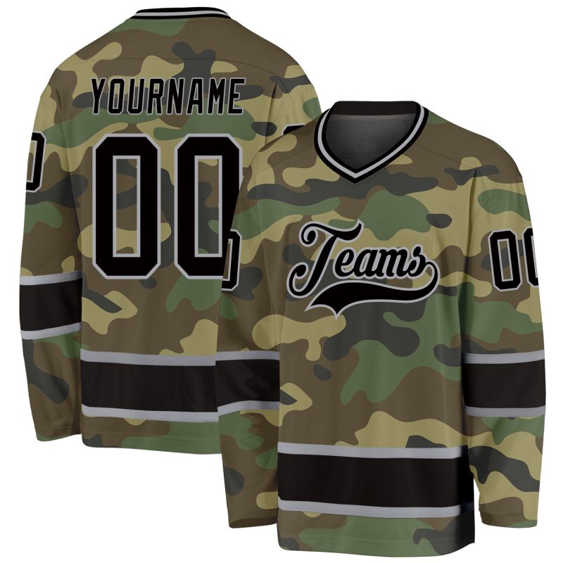 Custom Name and Number Personalized Camo Black-Gray Salute to Service Hockey Jersey Personalized Camo Black-Gray Salute To
