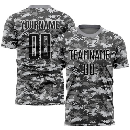 Personalized Salute To Service Soccer Jersey - Black Gray Camo Uniform Personalized Camo Black-Gray Sublimation Salute To