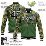 Custom Name Number Black Kelly Green Camo 3D Varsity Letterman Bomber Jacket Personalized Full-Snap Salute to Service Personalized