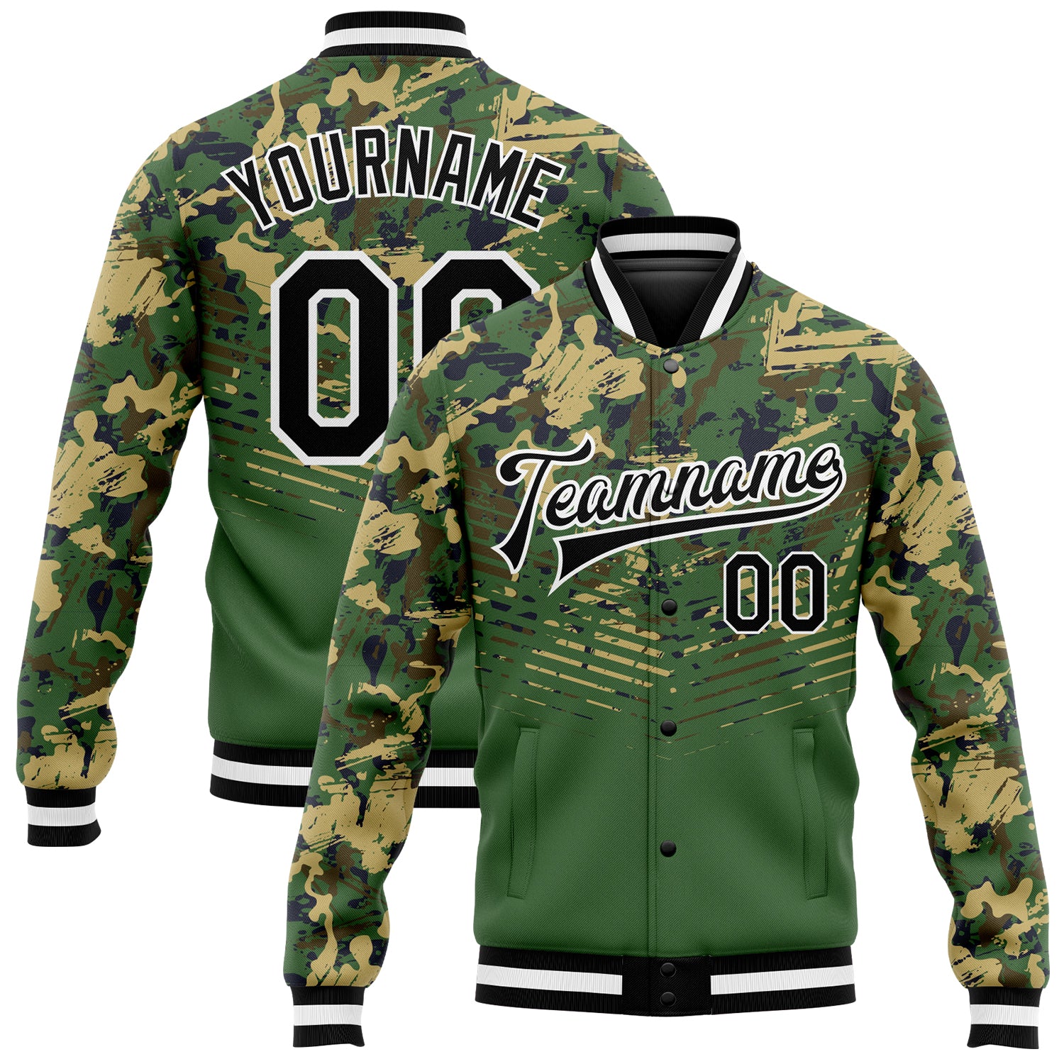 Personalized Black-Kelly Green 3D Camo Varsity Letterman Jacket - Full-Snap Salute to Service Bomber Personalized Camo Black-Kelly