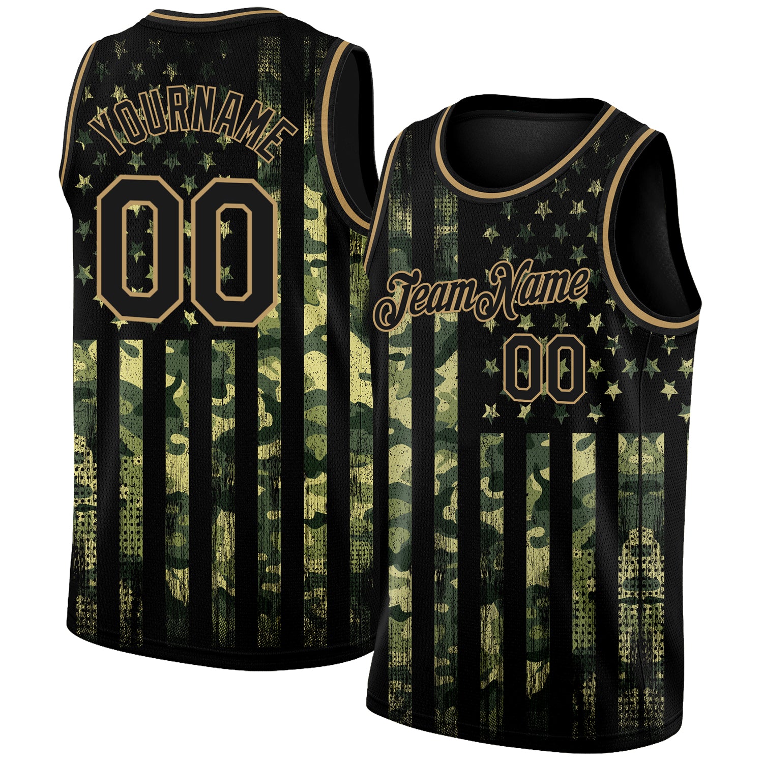 Personalized Camo Black and Old Gold 3D American Flag Basketball Jersey Custom Name and Number - Authentic Salute to Service