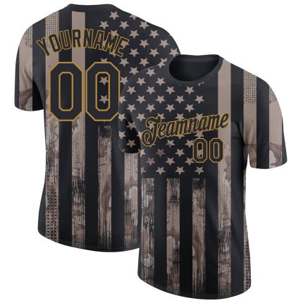 Personalized 3D Camo Black-Old Gold American Flag T-Shirt for Salute to Service Fashion Performance Personalized Camo Black-Old