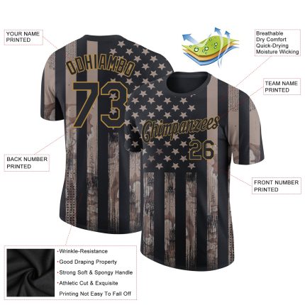 Custom Name & Number 3D Camo Black/Old Gold American Flag T-Shirt - Salute To Service Fashion Performance Shirt Personalized