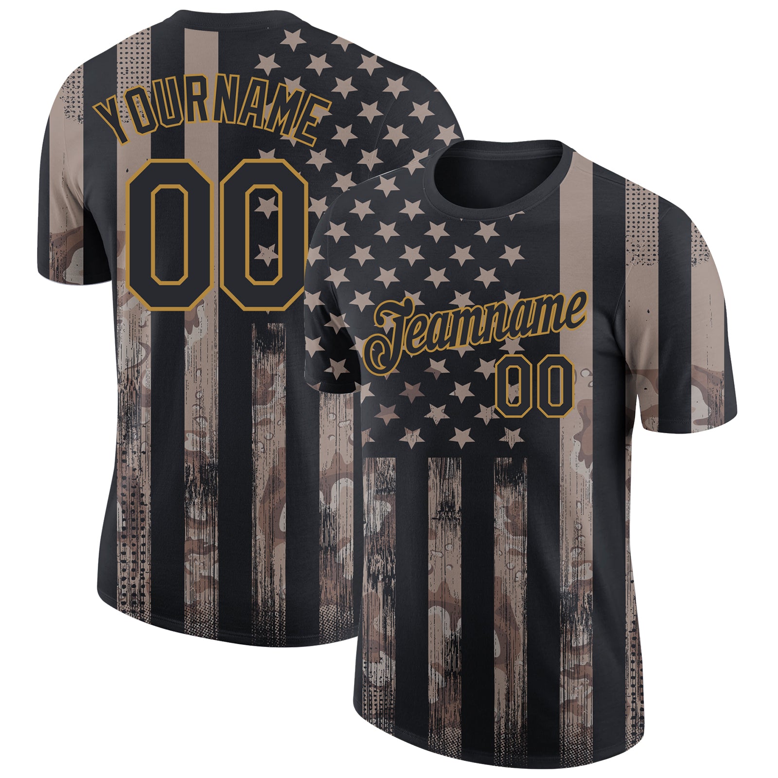 Custom Name & Number 3D Camo Black/Old Gold American Flag T-Shirt - Salute To Service Fashion Performance Shirt Personalized