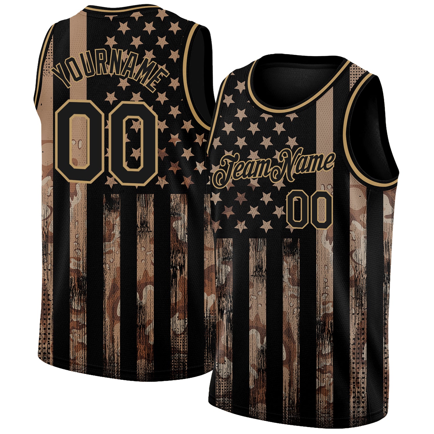 Personalized Camo Black-Old Gold 3D American Flag Basketball Jersey - Salute to Service Personalized Camo Black-Old Gold