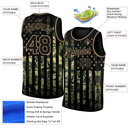 Custom Camo Black Old Gold 3D American Flag Basketball Jersey - Salute to Service Personalized Camo Black-Old Gold 3D American