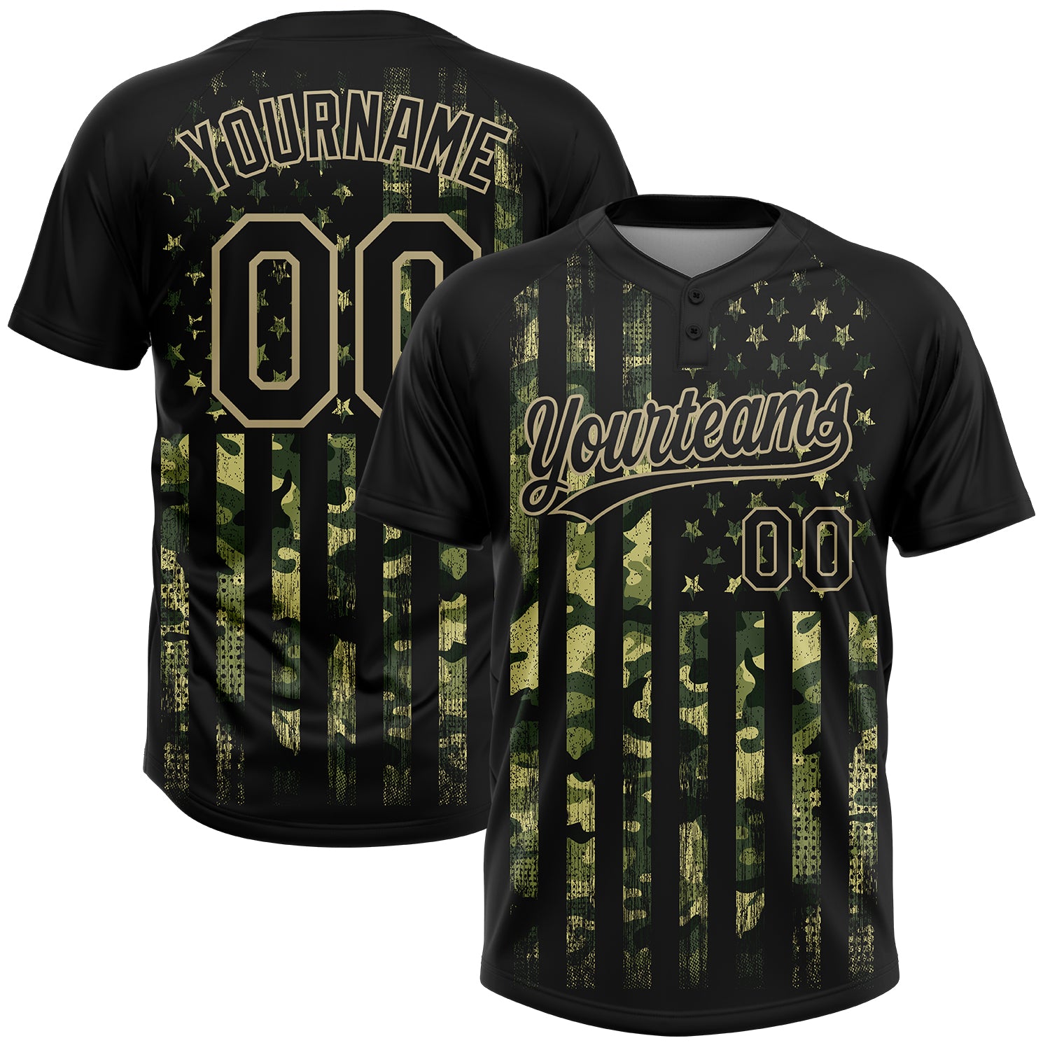 Personalized Camo American Flag Jersey for Salute to Service - Black-Old Gold 3D Two-Button Unisex Softball Jersey Personalized