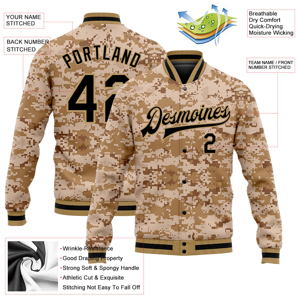 Personalized Camo Black-Old Gold 3D Bomber Full-Snap Varsity Letterman Salute To Service Jacket Team Custom Name and Number Custom Name and Number Camo Black-Old Gold 3D Bomber Jacket - Varsity Letterman Salute to Service Full-Snap Personalized - Image 3