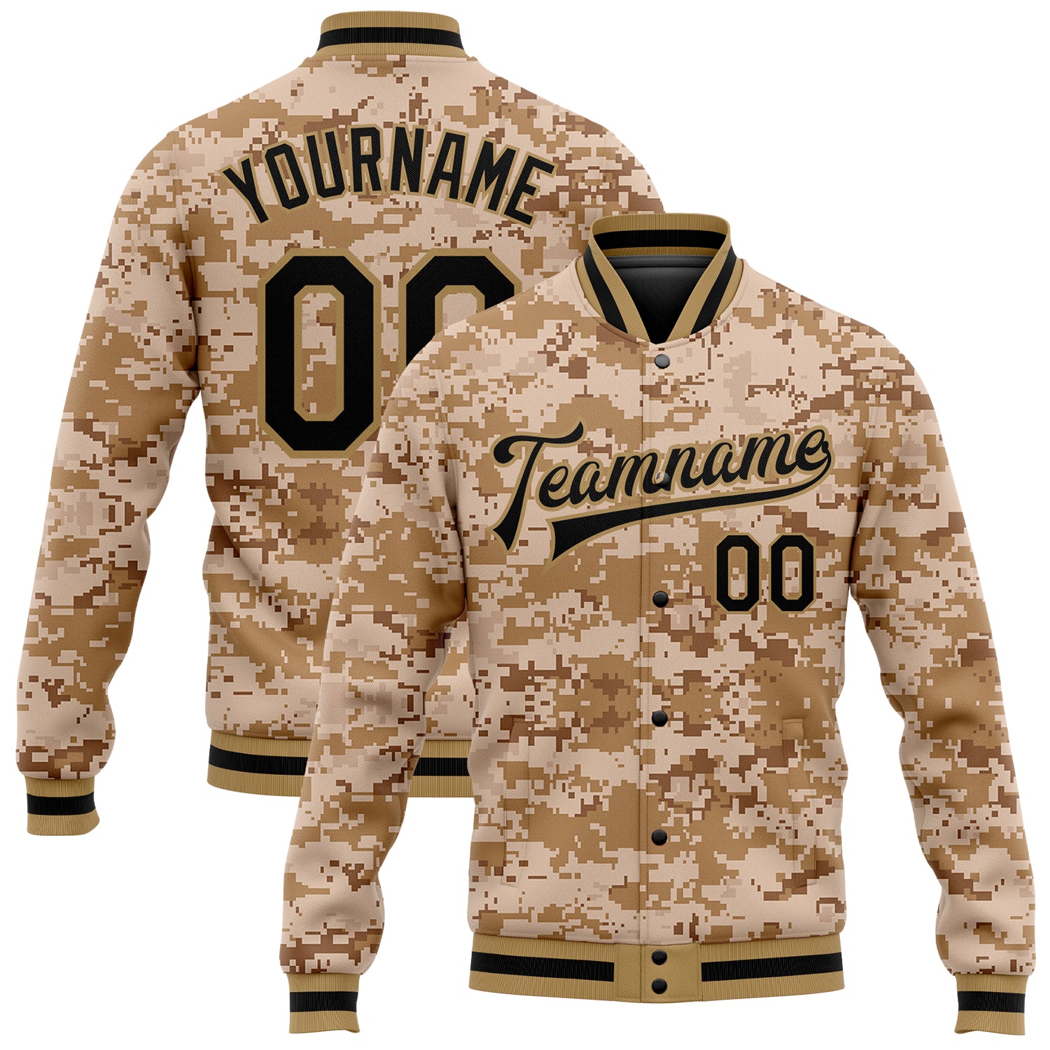 Custom Name and Number Camo Black-Old Gold 3D Bomber Jacket - Varsity Letterman Salute to Service Full-Snap Personalized