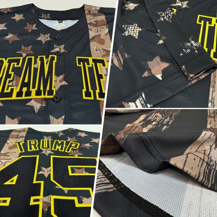 Personalized Camo Black-Old Gold American Flag Baseball Jersey with Custom Name and Number - Salute To Service Personalized