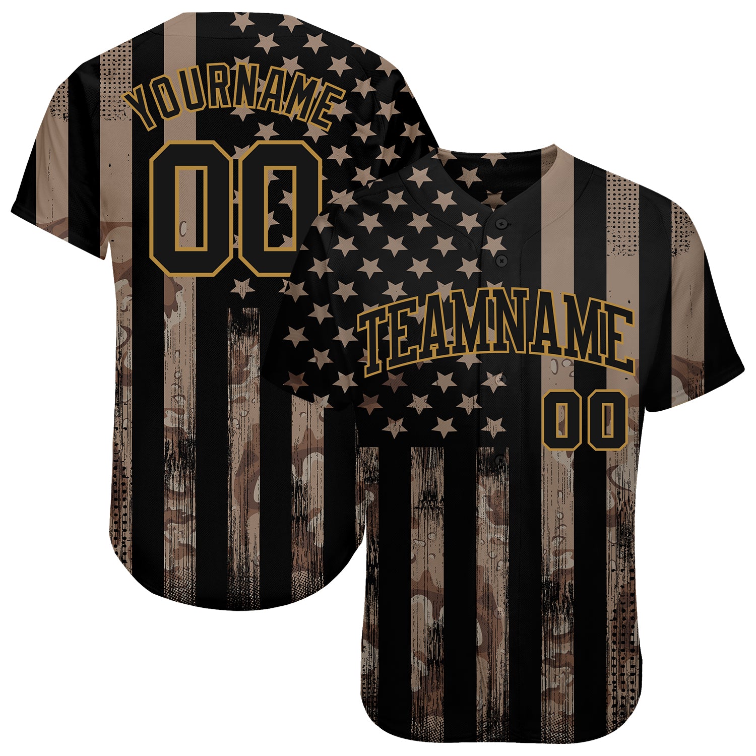 Personalized 3D Camo Baseball Jersey with Black & Old Gold Salute To Service American Flag Personalized Camo Black-Old Gold