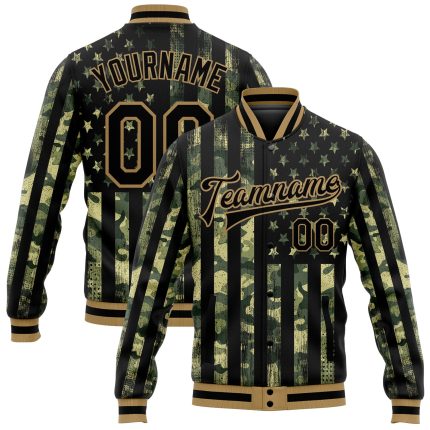 American Flag Camo 3D Bomber Jacket - Personalized Black & Gold Varsity Letterman Salute to Service Personalized Camo Black-Old