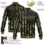 Customizable Camo Black and Old Gold American Flag Bomber Jacket - 3D Full-Snap Varsity Letterman with Team Name and Number