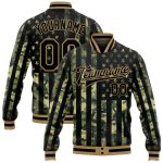 Customizable Camo Black and Old Gold American Flag Bomber Jacket - 3D Full-Snap Varsity Letterman with Team Name and Number