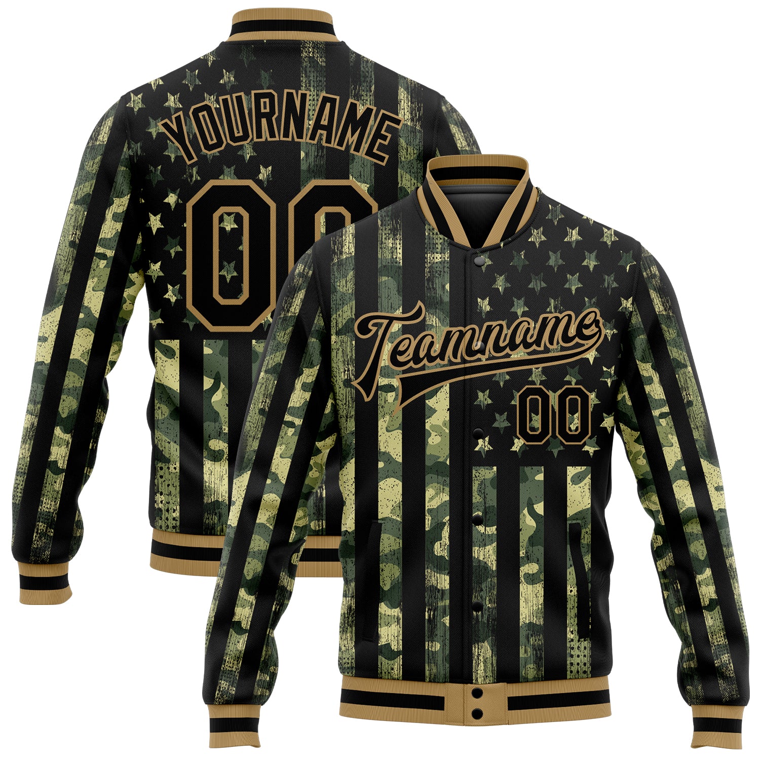 Customizable Camo Black and Old Gold American Flag Bomber Jacket - 3D Full-Snap Varsity Letterman with Team Name and Number