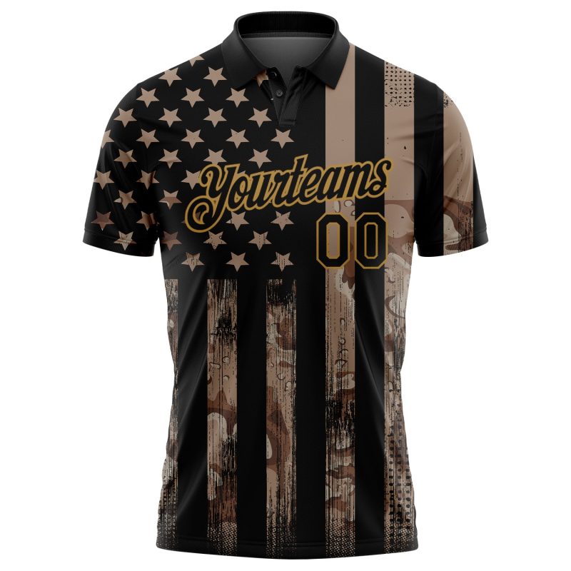 Custom Name Number Camo Black Gold American Flag Golf Polo Shirt Performance Salute to Service Personalized Camo Black-Old
