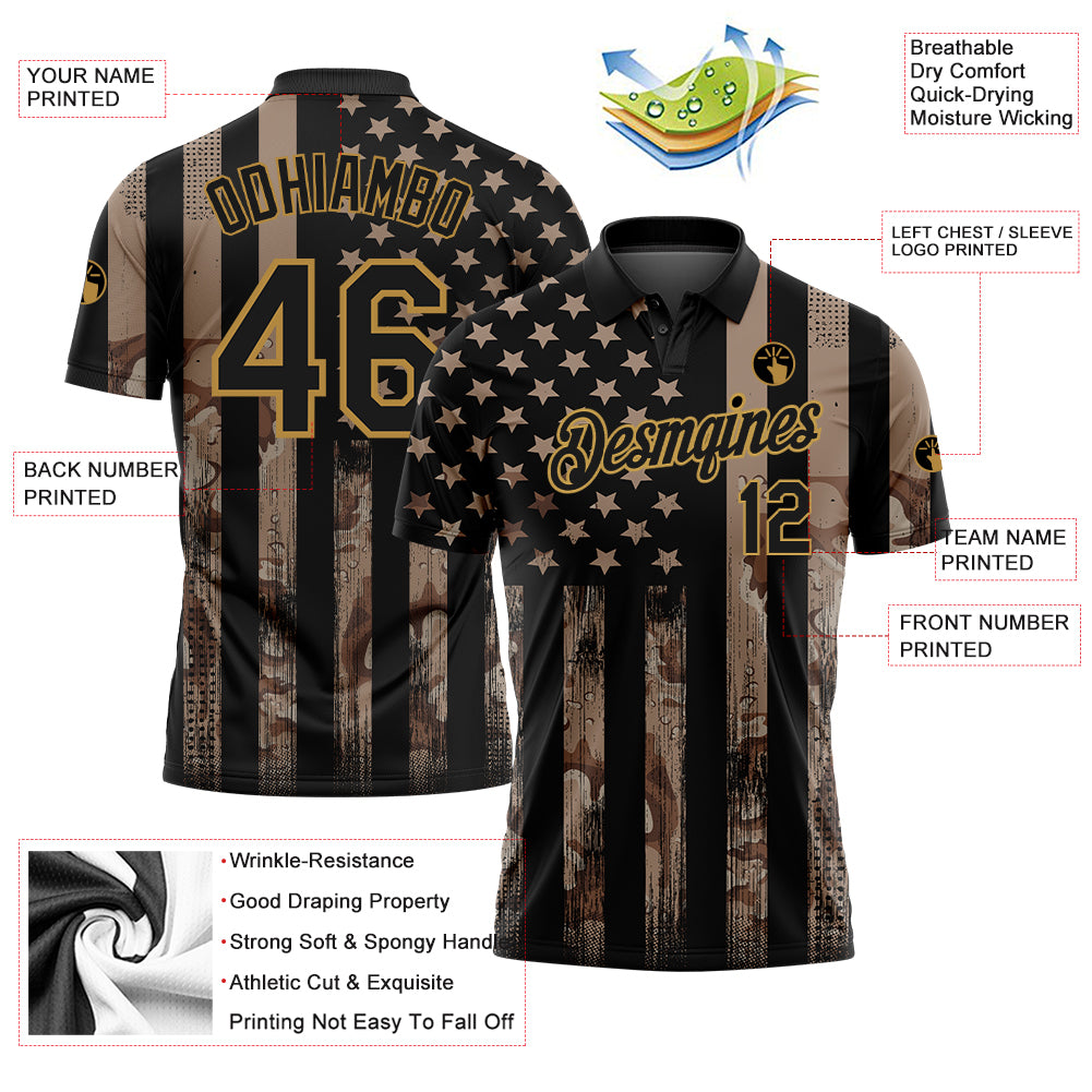 Personalized Camo Black-Old Gold American Flag Performance Salute To Service Golf Polo Shirt Team Custom Name and Number Custom Name Number Camo Black Gold American Flag Golf Polo Shirt Performance Salute to Service Personalized Camo Black-Old - Image 3
