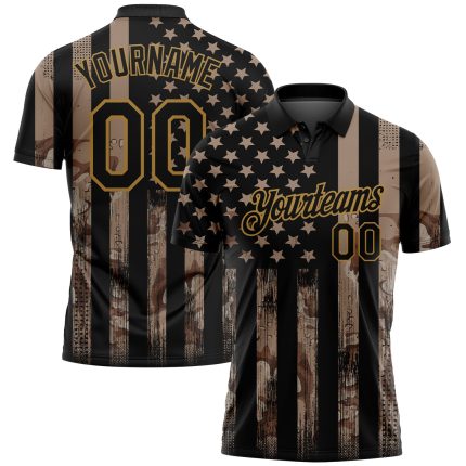 Custom Name Number Camo Black Gold American Flag Golf Polo Shirt Performance Salute to Service Personalized Camo Black-Old