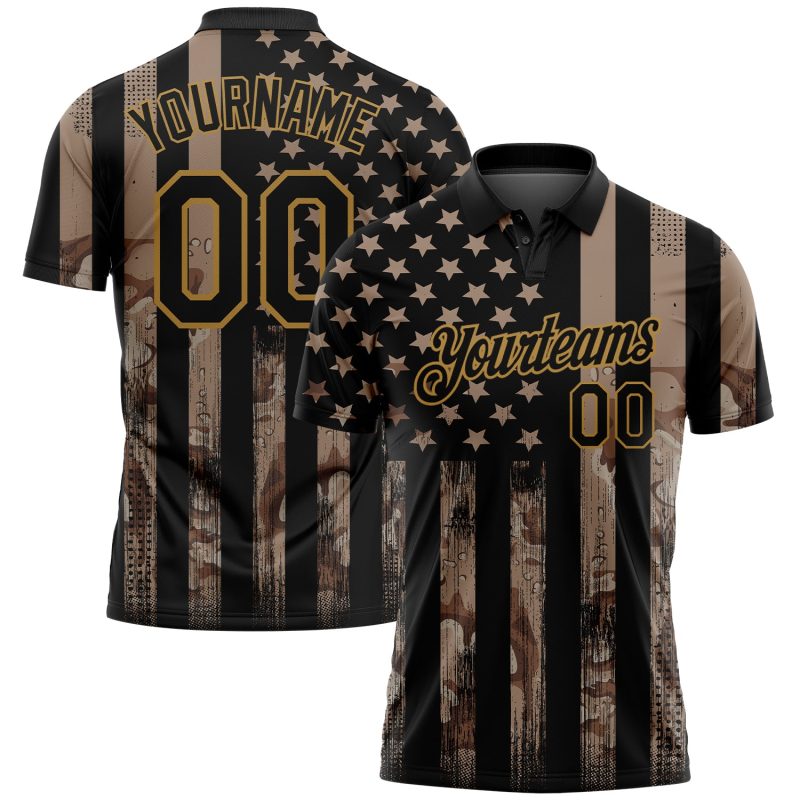 Custom Name Number Camo Black Gold American Flag Golf Polo Shirt Performance Salute to Service Personalized Camo Black-Old