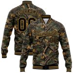 Personalized Camo Jacket - Black Old Gold Classic 3D Bomber Full-Snap Varsity Letterman Salute to Service Personalized Camo