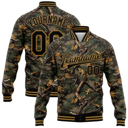 Custom Black and Gold Camo 3D Bomber Varsity Jacket with Personalized Name and Number - Classic Letterman Salute to Service