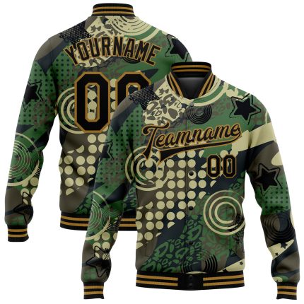 Personalized Camo Jacket with Black-Old Gold Dots, Geometric Figures, 3D Bomber Full-Snap Varsity Letterman Style Personalized