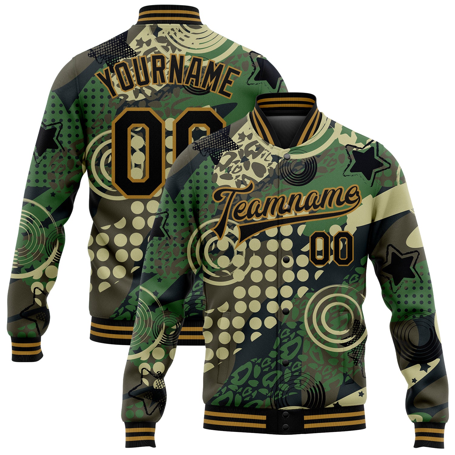 Personalized Camo Jacket with Black-Old Gold Dots, Geometric Figures, 3D Bomber Full-Snap Varsity Letterman Style Personalized