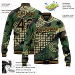 Custom Personalized Camo Jacket with Black and Old Gold Dots, Geometric 3D Design, Full-Snap Varsity Letterman Bomber Personalized