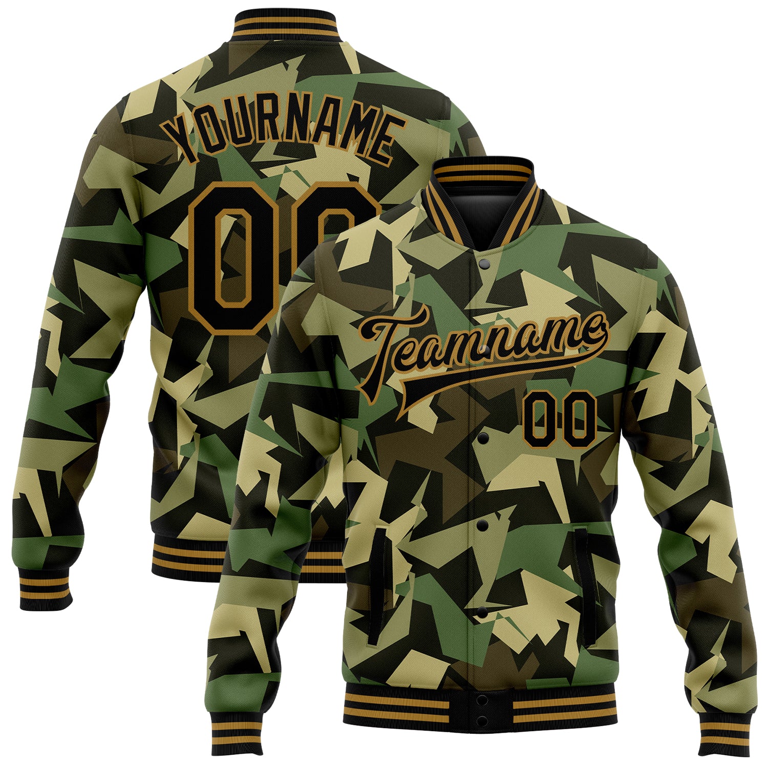 Personalized Camouflage 3D Bomber Jacket Black Old Gold Varsity Letterman Salute to Service Personalized Camo Black-Old Gold