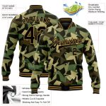 Custom black and old gold military-inspired varsity letterman jacket, detail of the printed panel