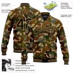 Personalized Black and Old Gold Camo Graffiti Drips 3D Bomber Varsity Letterman Jacket - Salute to Service Personalized Camo