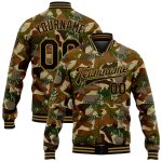 Personalized Black and Old Gold Camo Graffiti Drips 3D Bomber Varsity Letterman Jacket - Salute to Service Personalized Camo