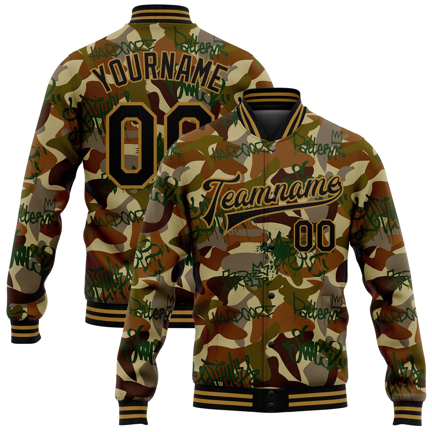 Personalized Black and Old Gold Camo Graffiti Drips 3D Bomber Varsity Letterman Jacket - Salute to Service Personalized Camo