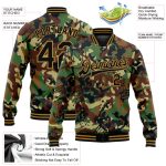 Personalized Camo Graffiti Drips 3D Bomber Jacket - Black and Old Gold Varsity Letterman Salute to Service Personalized Camo