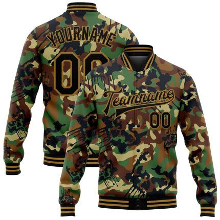 Personalized Camo Graffiti Drips 3D Bomber Jacket - Black and Old Gold Varsity Letterman Salute to Service Personalized Camo