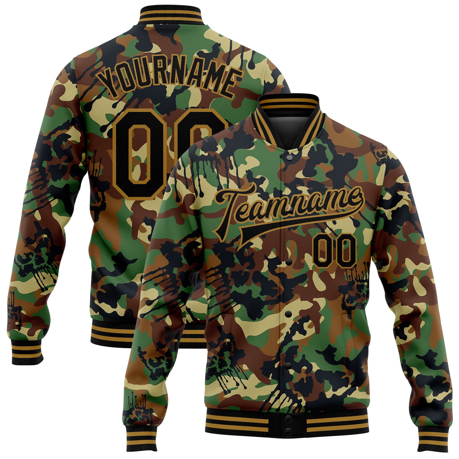 Personalized Camo Graffiti Drips 3D Bomber Jacket - Black and Old Gold Varsity Letterman Salute to Service Personalized Camo