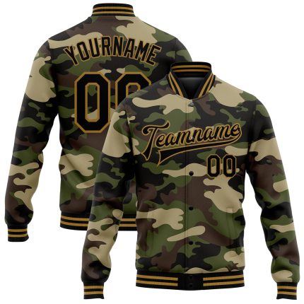 Custom Camo Black and Old Gold 3D Bomber Varsity Letterman Jacket - Salute to Service Personalized Camo Black-Old Gold Jungle
