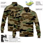 Personalized Camo 3D Bomber Varsity Jacket Black Old Gold Jungle Camouflage Salute To Service Full-Snap Personalized Camo