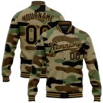 Personalized Camo 3D Bomber Varsity Jacket Black Old Gold Jungle Camouflage Salute To Service Full-Snap Personalized Camo