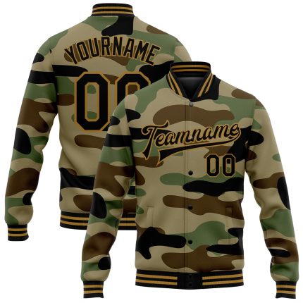 Personalized Camo 3D Bomber Varsity Jacket Black Old Gold Jungle Camouflage Salute To Service Full-Snap Personalized Camo