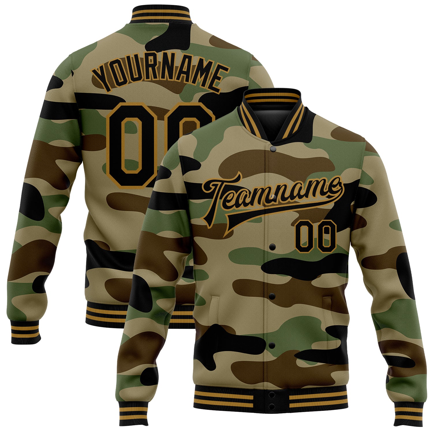 Personalized Camo 3D Bomber Varsity Jacket Black Old Gold Jungle Camouflage Salute To Service Full-Snap Personalized Camo