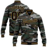 Personalized Jungle Camouflage 3D Bomber Varsity Letterman Jacket in Camo Black-Old Gold, Salute to Service, Full-Snap Personalized