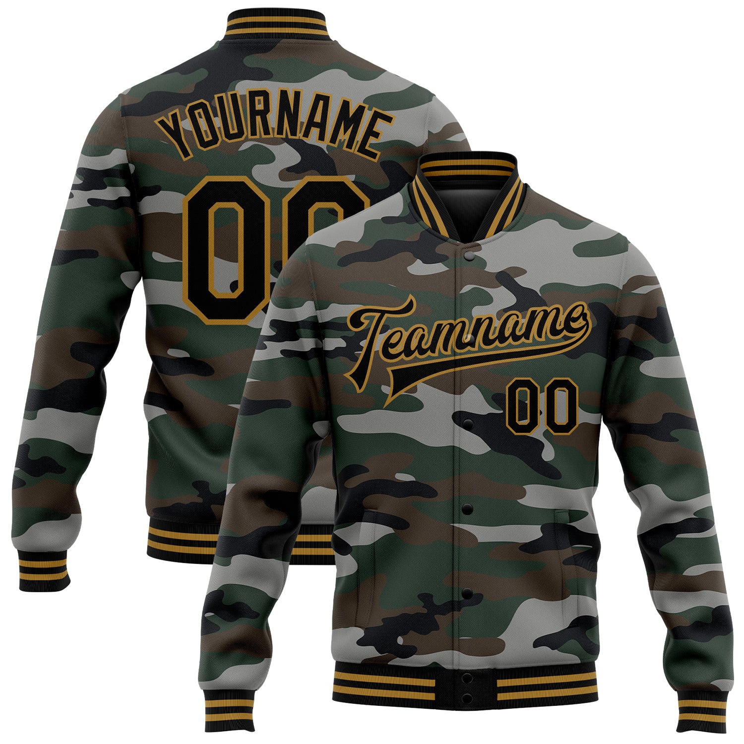 Personalized Jungle Camouflage 3D Bomber Varsity Letterman Jacket in Camo Black-Old Gold, Salute to Service, Full-Snap Personalized
