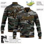 Personalized Jungle Camouflage 3D Bomber Varsity Letterman Jacket in Camo Black-Old Gold, Salute to Service, Full-Snap Personalized