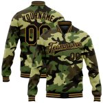 Custom Camo 3D Bomber Jacket in Black and Old Gold, Full-Snap Varsity Letterman Style, Salute to Service Personalized Camo