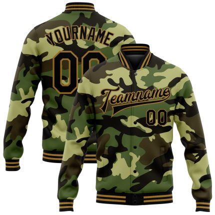 Custom Camo 3D Bomber Jacket in Black and Old Gold, Full-Snap Varsity Letterman Style, Salute to Service Personalized Camo